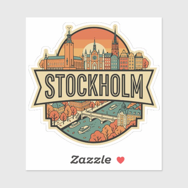 Pegatina Stockholm Sweden Skyline Vintage Travel Badge (Hoja)