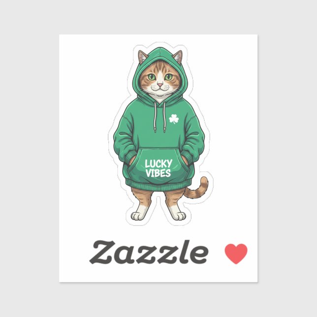 Pegatina Streetwear Cat In Green Hoodie Lucky Vibes Sticker (Hoja)