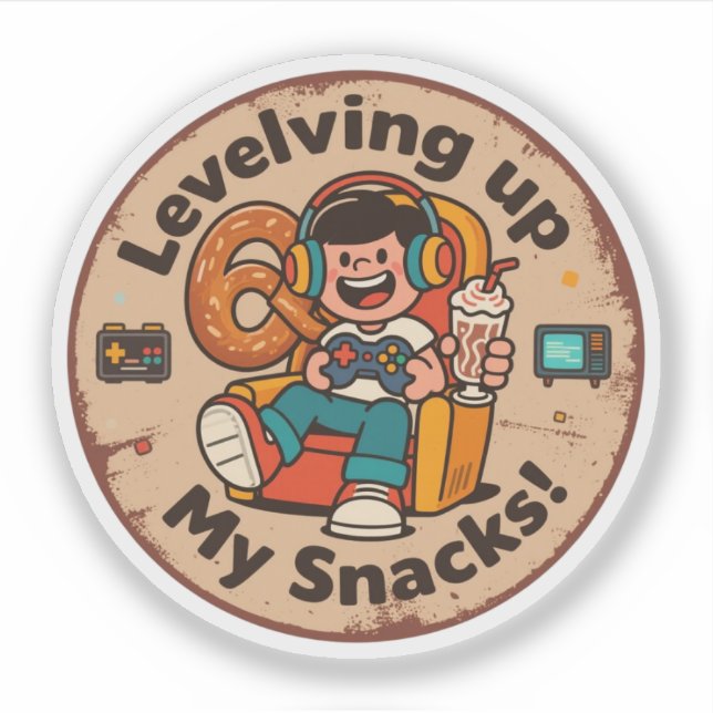 Pegatina ¡Subiendo de Nivel Mis Snacks! Divertido Arte Pixe (Anverso)