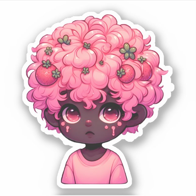 Pegatina Sueño de fresa: Niño animado de piel oscura con P  (Anverso)