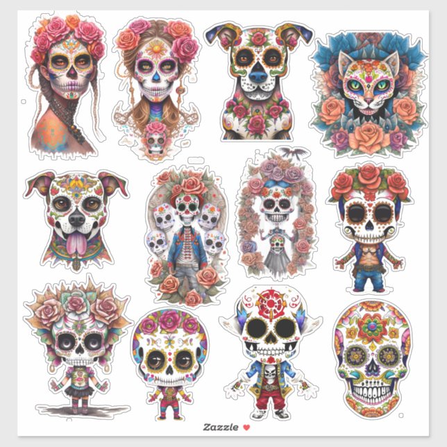 Pegatina Sugar Skull Art 12 Piece Acuarela Pack (Hoja)