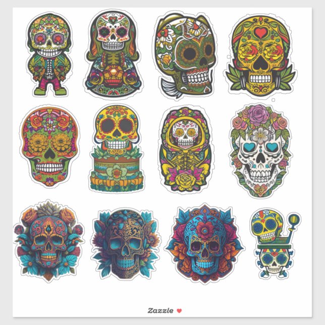 Pegatina Sugar Skull Art 12 Piece Paquete Tradicional (Hoja)