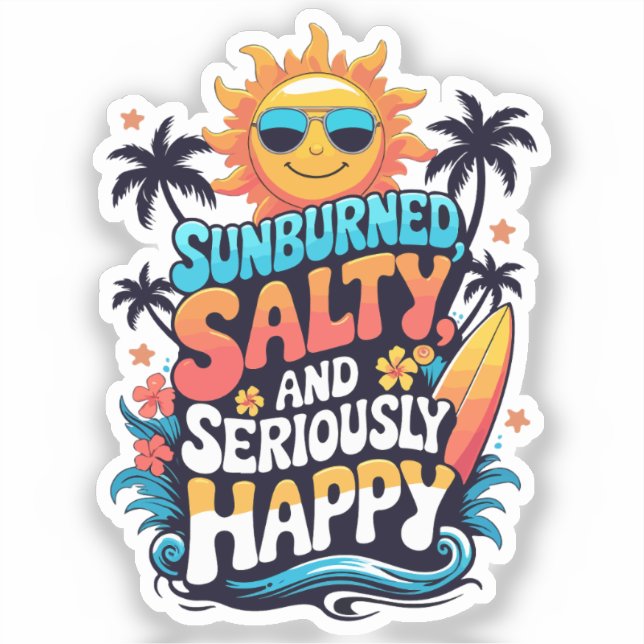 Pegatina Sunburned Salty and Happy – Retro Beach Vibes (Anverso)