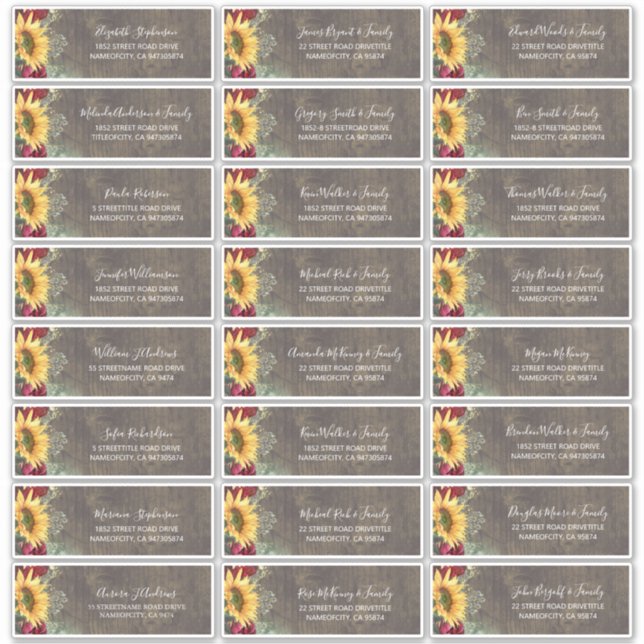 Pegatina Sunflower Rustic Fall Nombres de invitados Direcci (Anverso)