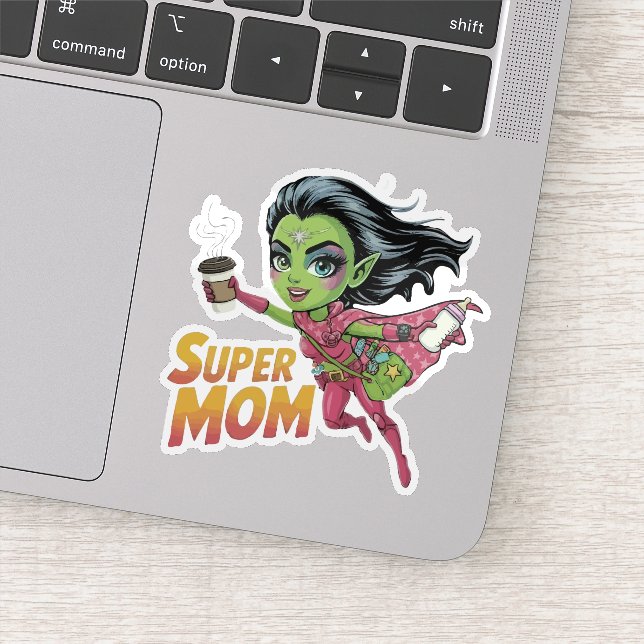 Pegatina Super Mamá Alien Hero Chibi Vector Cartoon (Detalle)