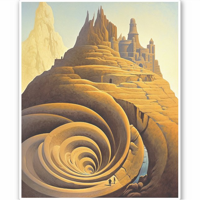 Pegatina Surreal Mountain City Fantasy Art (Anverso)