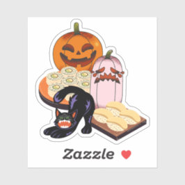 Pegatina Sushi de Halloween de gato negro estirado y calaba