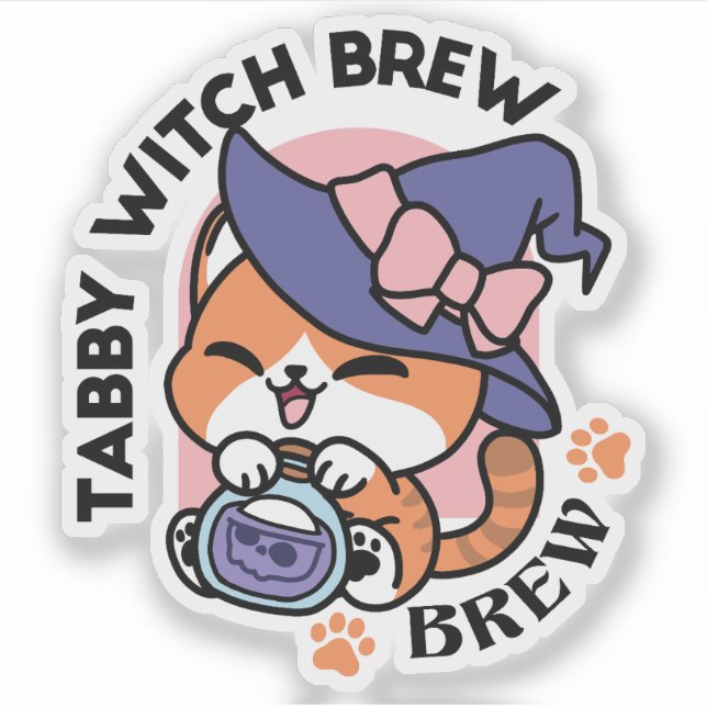 Pegatina Tabby Witch Brew – Cute Halloween Cat Design (Anverso)