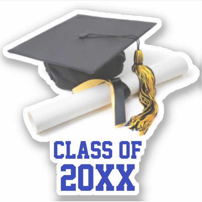 Pegatina Tapón de graduación azul y oro Clase de Tassel (Anverso)
