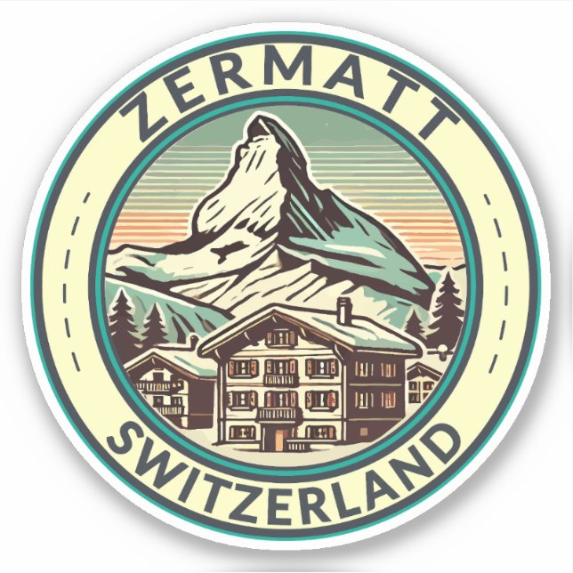 Pegatina Tarjeta de arte de viaje Zermatt Suiza Ilustracion (Anverso)