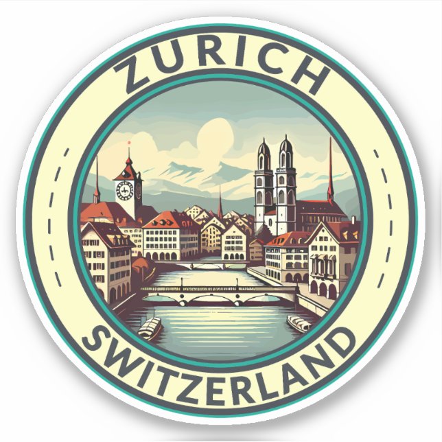 Pegatina Tarjeta de arte de viajes Zurich Suiza Ilustracion (Anverso)