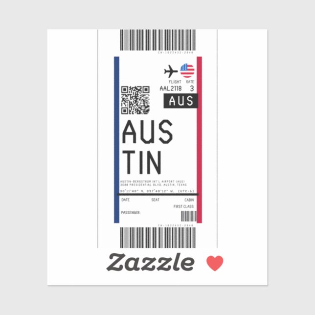 Pegatina Tarjeta de embarque a Austin (AUS) (Hoja)