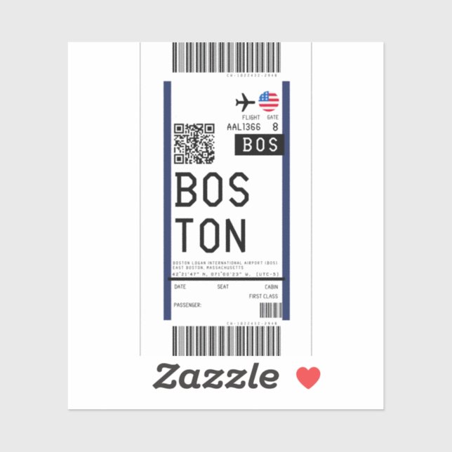 Pegatina Tarjeta de embarque a Boston (BOS) (Hoja)