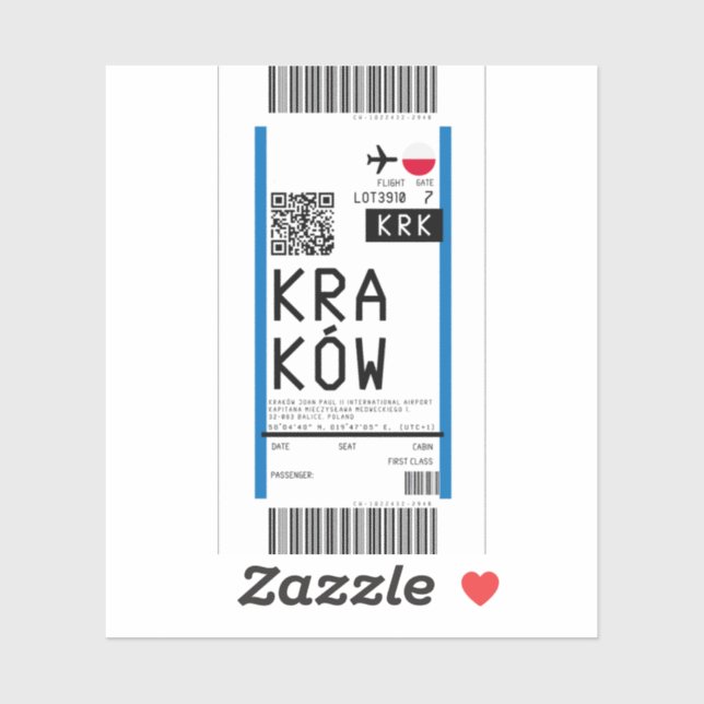 Pegatina Tarjeta de embarque a Cracovia (KRK) (Hoja)