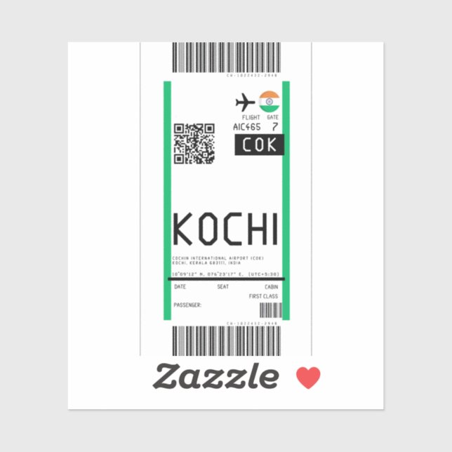Pegatina Tarjeta de embarque a Kochi Kerala (COK) (Hoja)
