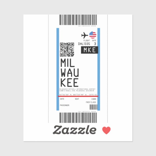 Pegatina Tarjeta de embarque a Milwaukee (MKE) (Hoja)