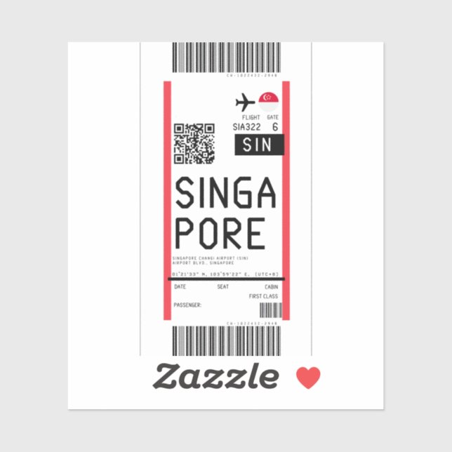 Pegatina Tarjeta de embarque a Singapur (SIN) (Hoja)