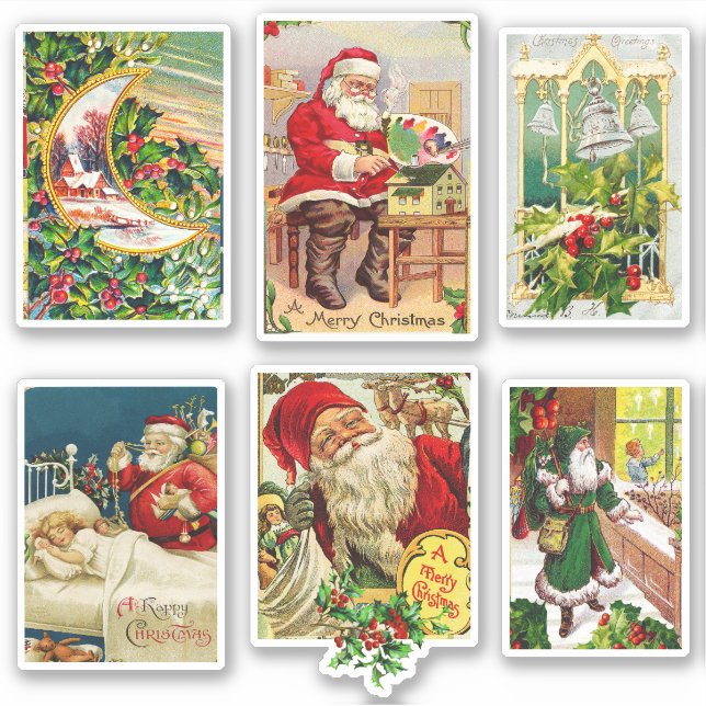 Pegatina Tarjetas Navideñas Festivas Vintage con Santa (Anverso)
