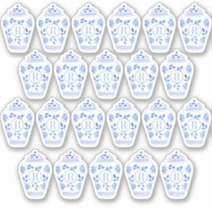 Pegatina Tarro de jengibre azul y blanco con monograma eleg