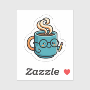 Pegatina Taza de café Kawaii linda con gafas de lectura Sti