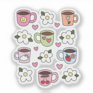 Pegatina Taza de té Kawaii y flores