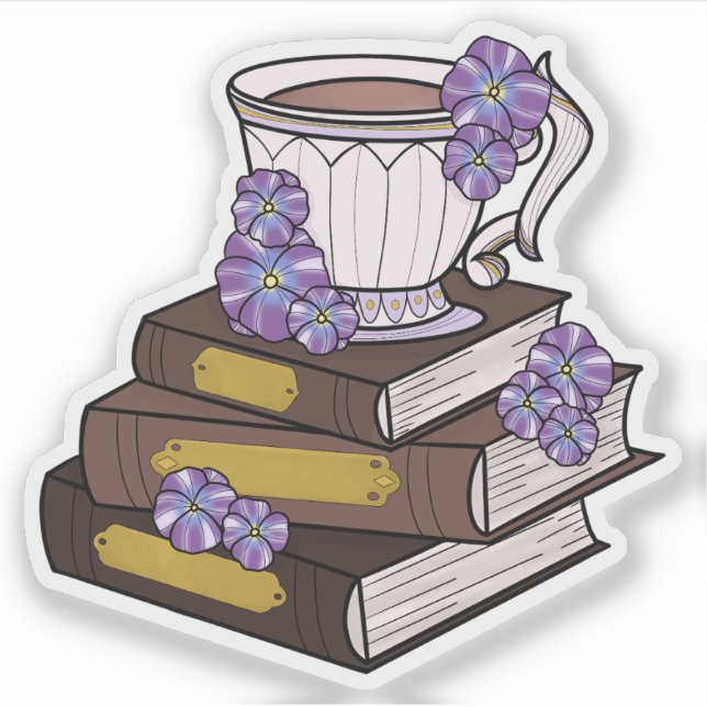 Pegatina Taza de té y pila de libros (Anverso)