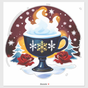 Pegatina Taza festiva azul de cacao con copos de nieve