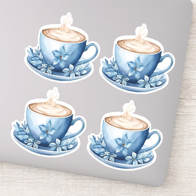 Pegatina Tazas de café con acuarela azul 2 (Detalle)