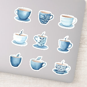 Pegatina Tazas de café con acuarela azul 3