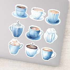 Pegatina Tazas de café con acuarela azul 4