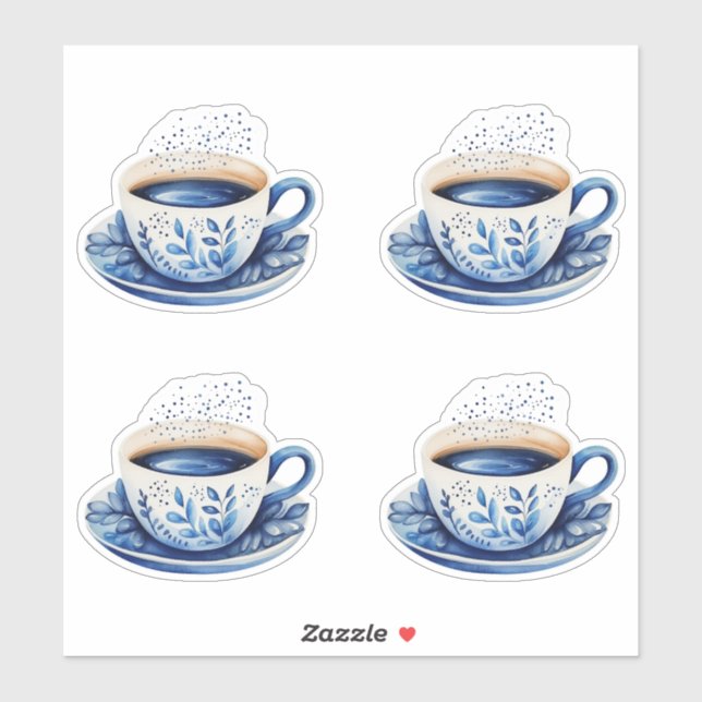 Pegatina Tazas de café con acuarela azul 5 (Hoja)