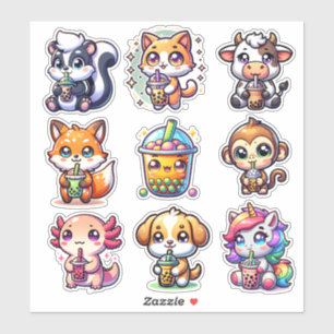 Pegatina Té de burbujas y animales Kawaii lindos