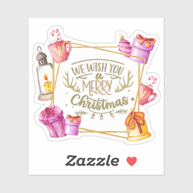 Pegatina Te deseamos una feliz Navidad rosa y morado (Hoja)