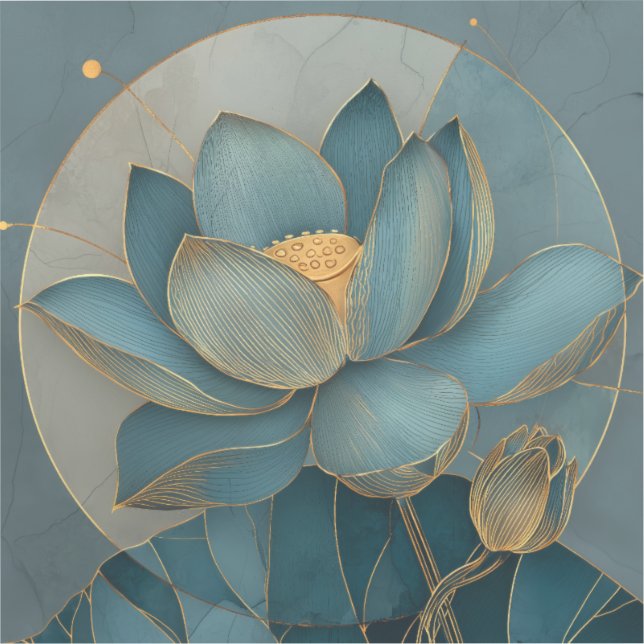 Pegatina Teal and Gold Lotus Flower Geometric Line Art Zen (Anverso)