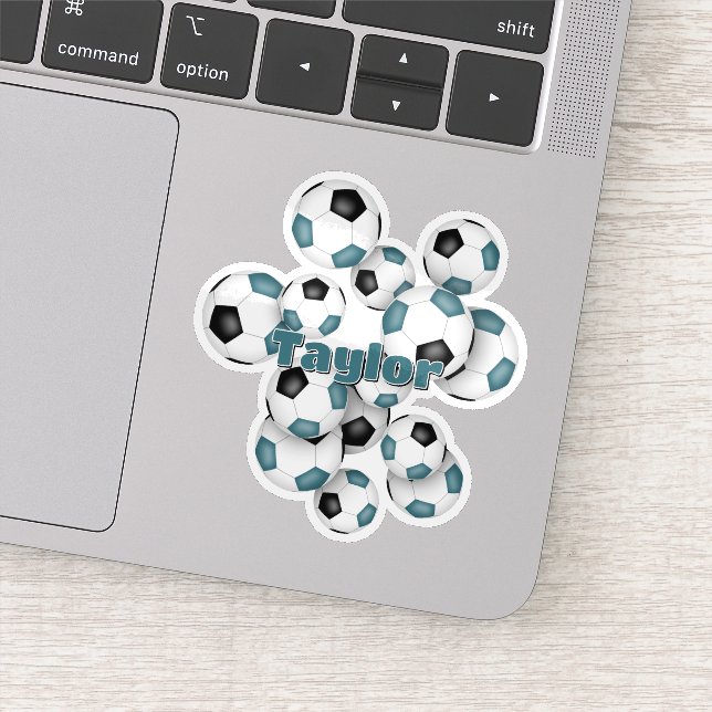 Pegatina teal black soccer balls sticker with name (Detalle)