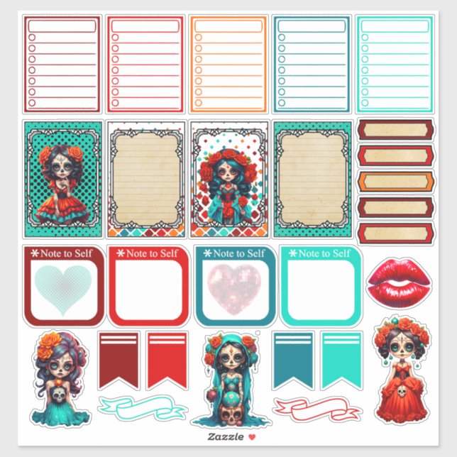 Pegatina Teal Red Roses Sugar Skull  - Planner 2  (Hoja)