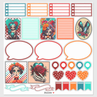 Pegatina Teal Red Roses Sugar Skulls Set 1 Planner Sticker