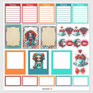 Pegatina Teal Red Roses Sugar Skulls Set 2 Planner Stickers