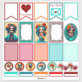 Pegatina Teal Red Roses Sugar Skulls Set 3 Planner Stickers