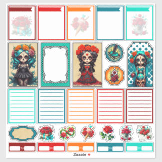Pegatina Teal Red Roses Sugar Skulls Set 4 Planner Sticker