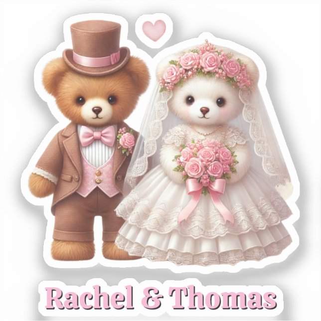 Pegatina Teddy Bear Bride Y Groom Boda Personalizar (Anverso)