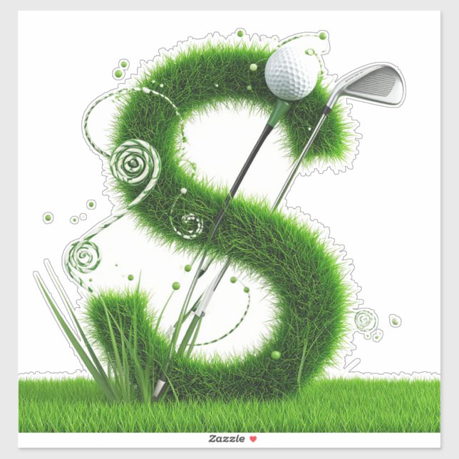 Pegatina Tema de Golf con Letras de Césped, Pelotas y Palos (Hoja)