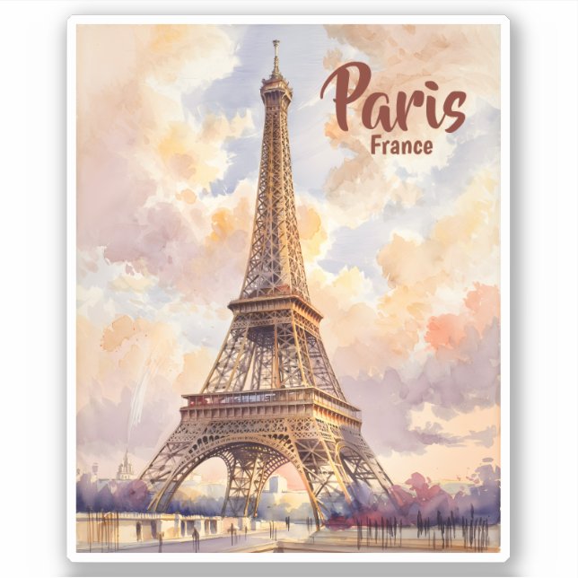 Pegatina Texto Personalizado Acuarela Torre Eiffel Atardece (Anverso)