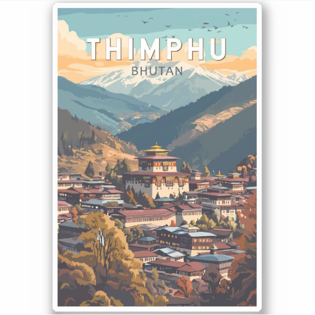 Pegatina Thimphu Bhutan Ilustracion Viaje arte Vintage (Anverso)