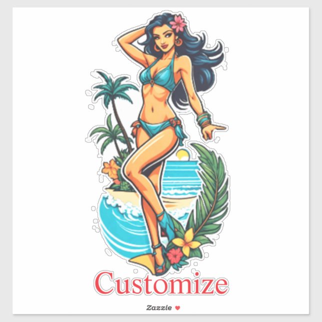 Pegatina Thunder_Cove, Chica de playa de Bikini con pelo ne (Hoja)