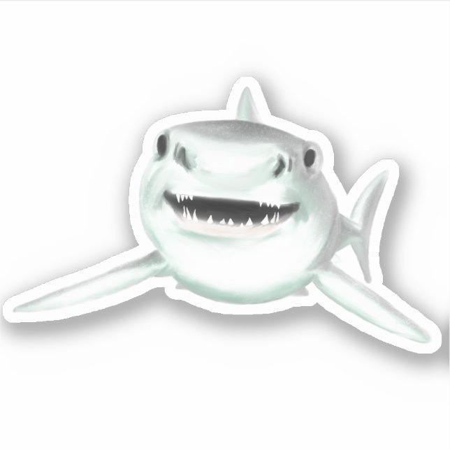 Pegatina tiburón sonriente de dibujos animados azul verde m (Anverso)