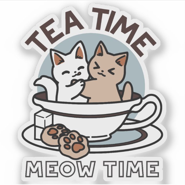 Pegatina Tiempo de embutido de té - Diseño de gato y té lin (Anverso)