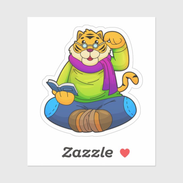Pegatina Tigre como nervioso con libro (Hoja)