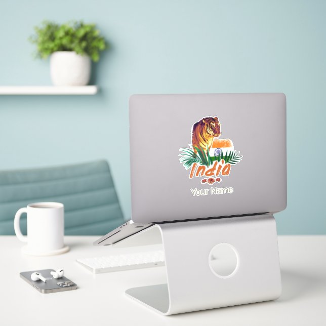 Pegatina Tigre de la India con bandera retro Lotus souvenir (Ordenado portátil  en el escritorio)