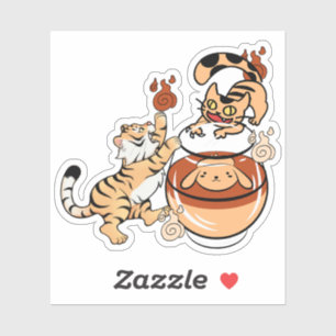 Pegatina Tigre Kawaii y Perro en Tarro de Té Nekomata